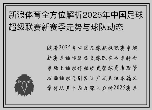 新浪体育全方位解析2025年中国足球超级联赛新赛季走势与球队动态
